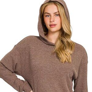Zenana Ribbed Long Sleeve Hoodie in Brown size S M L